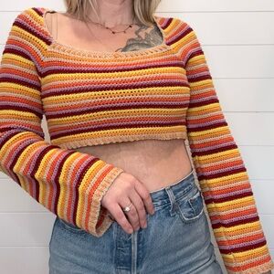 Striped Crochet Square-Neck Crop Top - Multicolor